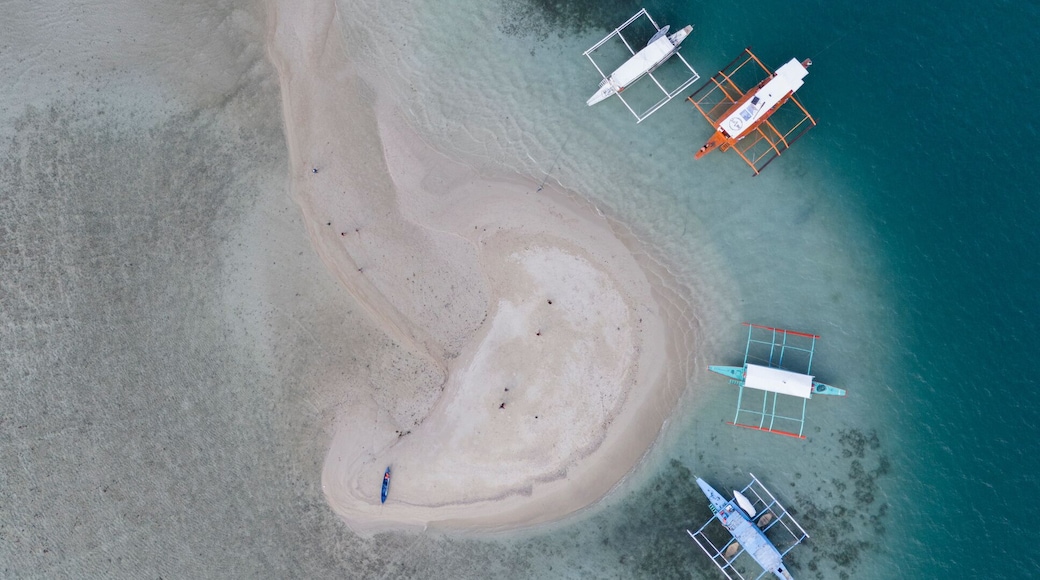 Ein Luftbild eines Strandes mit mehreren Booten, die in der NĂ€he des Ufers vor Anker liegen.