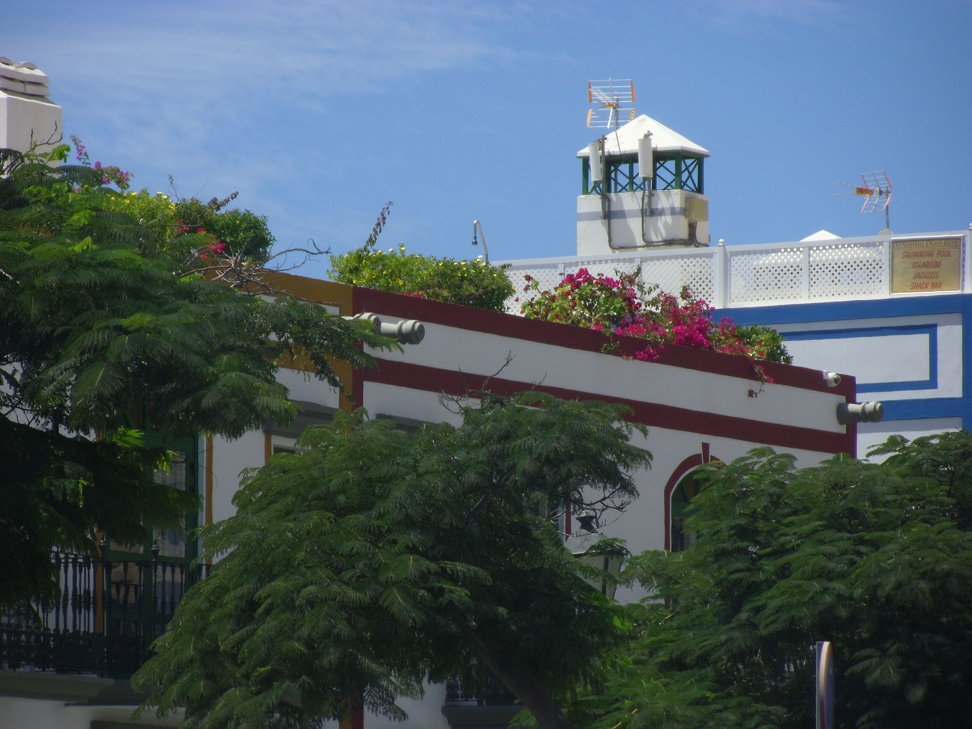 A building with a white tower, green foliage, and a signboard.