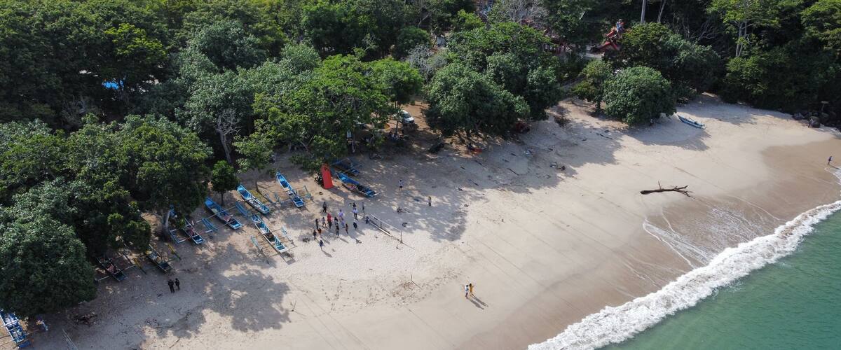 An aerial view of a beach with people, boats, and trees.