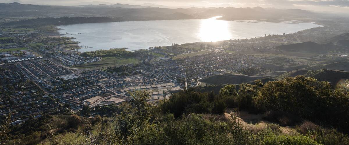 Sunrise view of Lake Elsinore in western Riverside County area of Southern California.