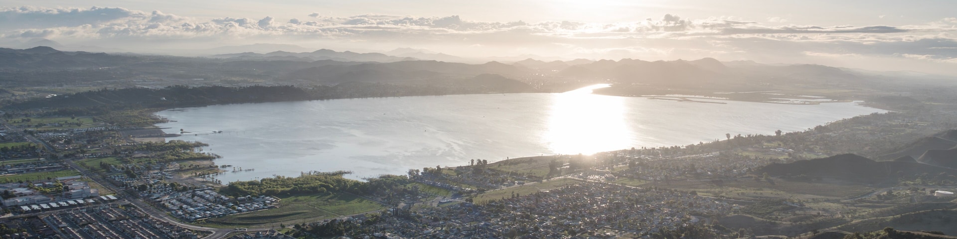 Sunrise view of Lake Elsinore in western Riverside County area of Southern California.
