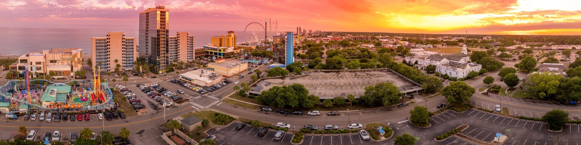 Aerial view of stunning sunset with colorful sky over Myrtle Beach South Carolina