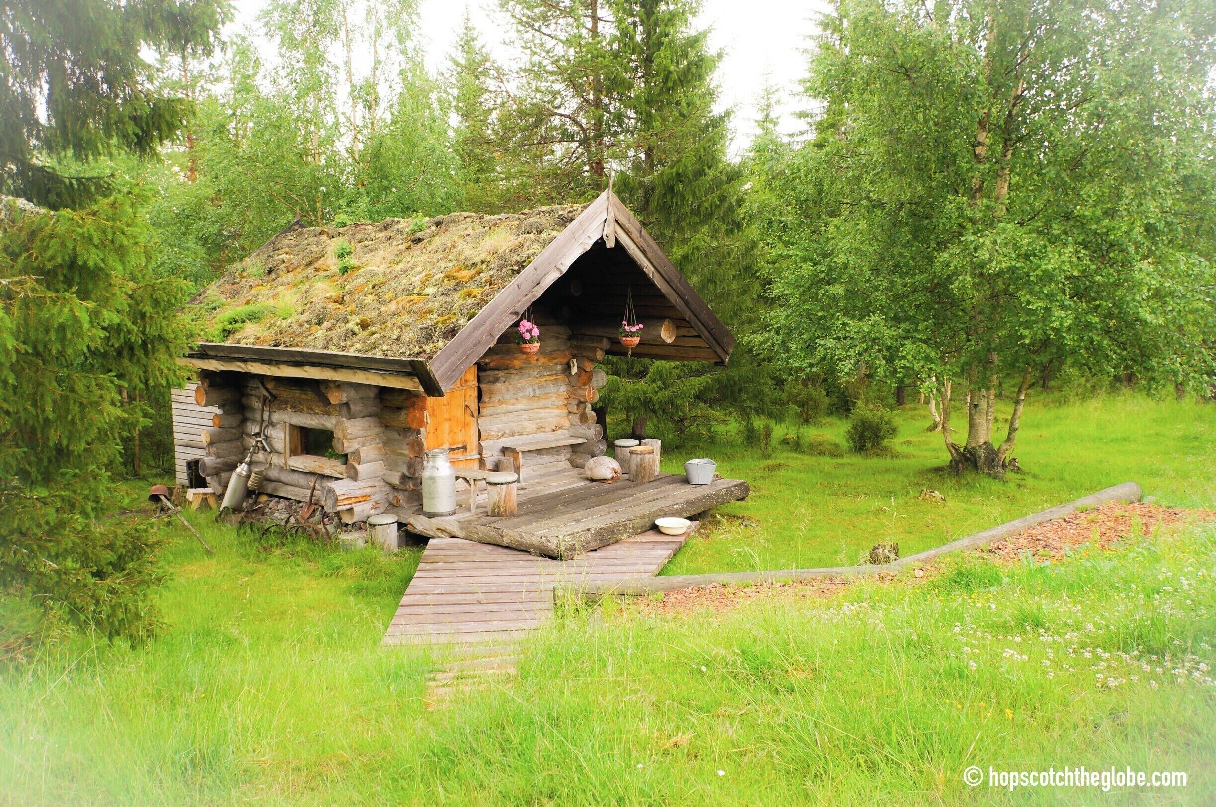 A rustic log cabin with a thatched roof, surrounded by lush greenery and trees.
