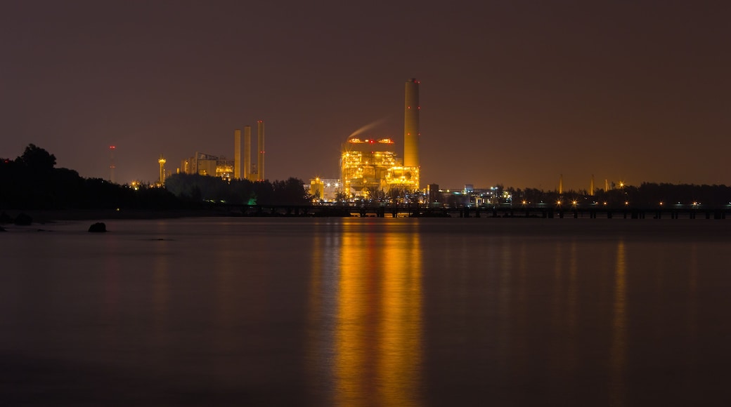 electrical power plant near sea coat at night, Rayong, Thailand