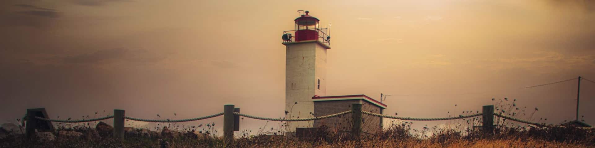 A lighthouse surrounded by a field of purple flowers under a cloudy sky.