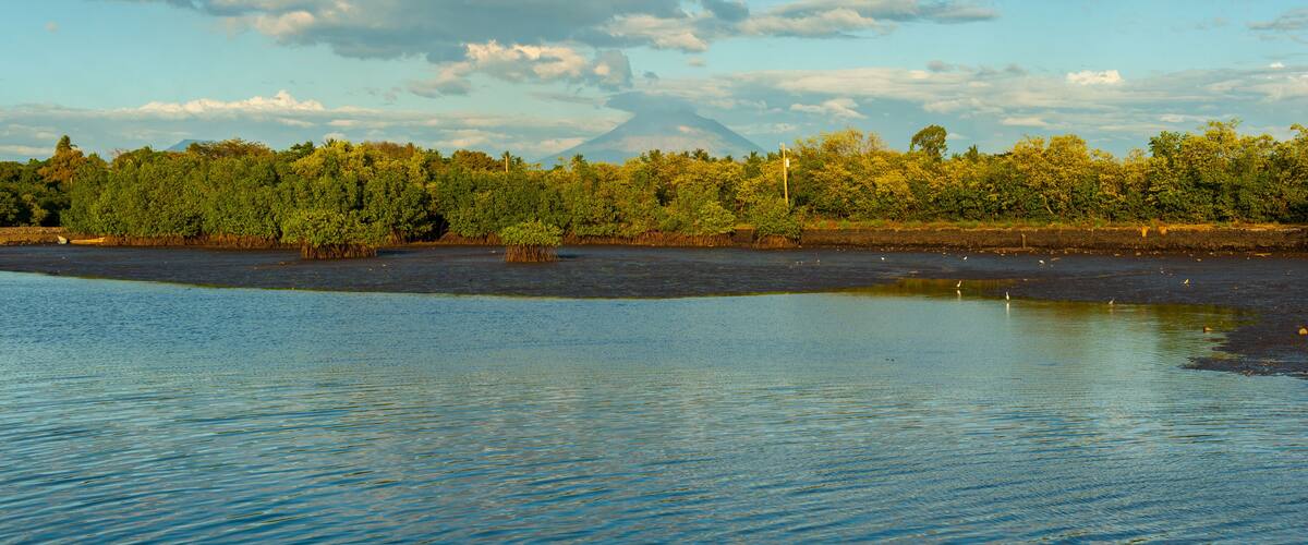 A calm lake with a forested shoreline and a distant mountain.