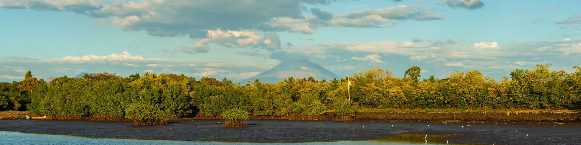 A calm lake with a forested shoreline and a distant mountain.