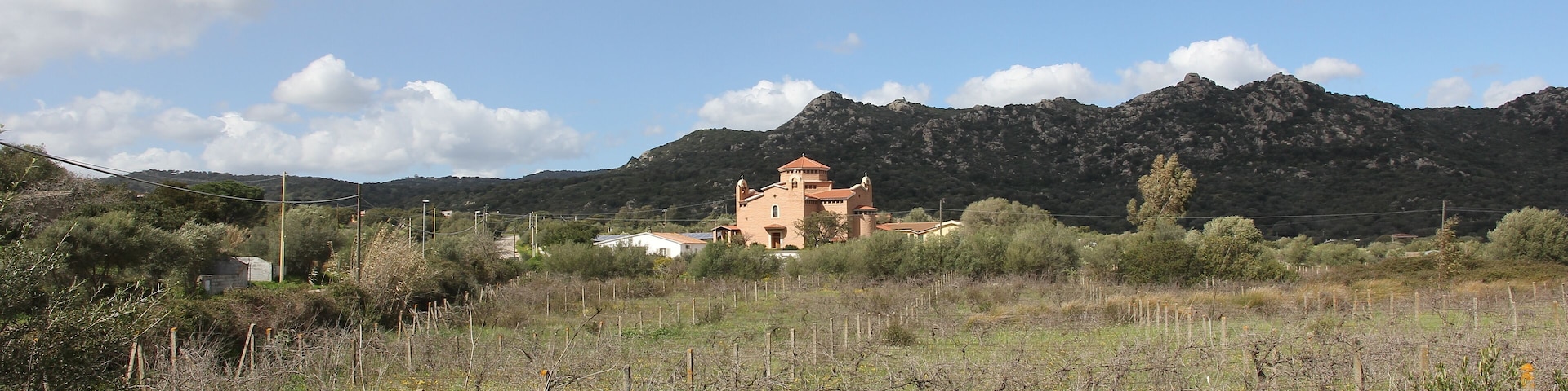 A rural landscape with a house surrounded by fields and mountains.