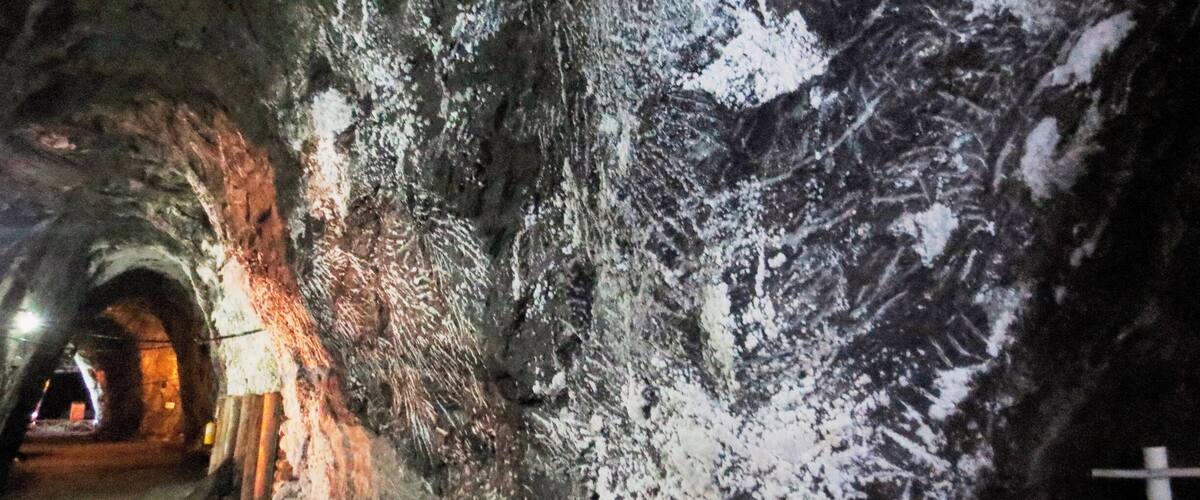 A cave with a tunnel and a large rock face.