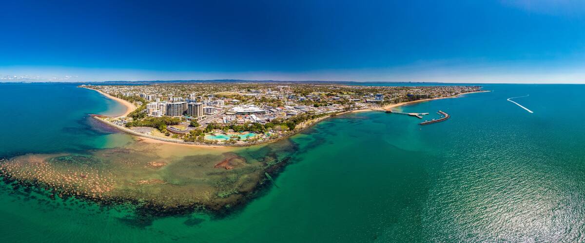 Aerial drone view of Settlement Cove Lagoon, Redcliffe, Australia