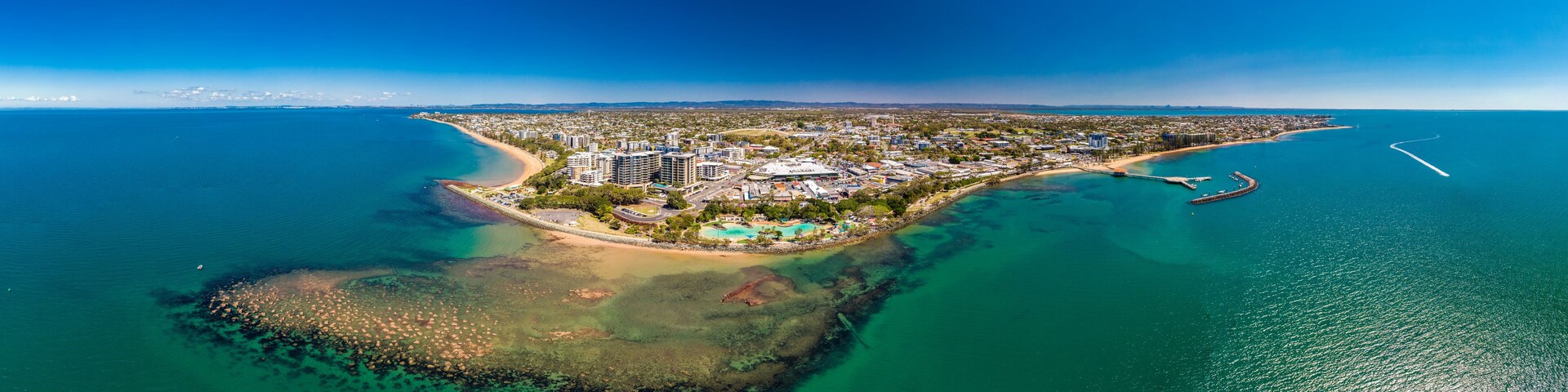 Aerial drone view of Settlement Cove Lagoon, Redcliffe, Australia
