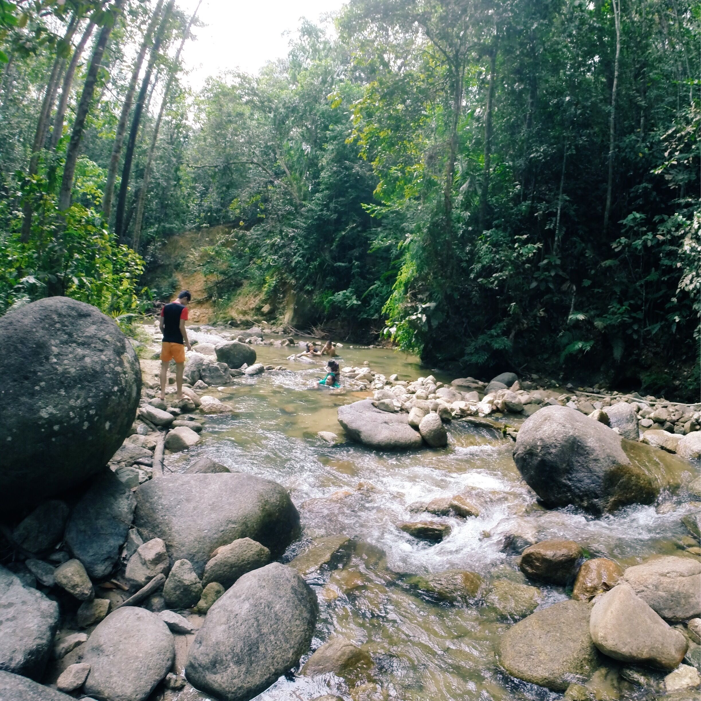 A rocky stream with people swimming and standing nearby.