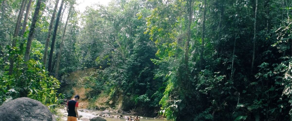 A rocky stream with people swimming and standing nearby.