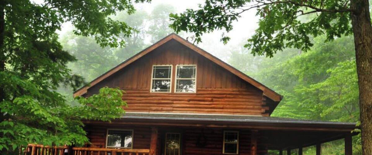 A rustic log cabin surrounded by lush greenery and a stone staircase leading up to the porch.