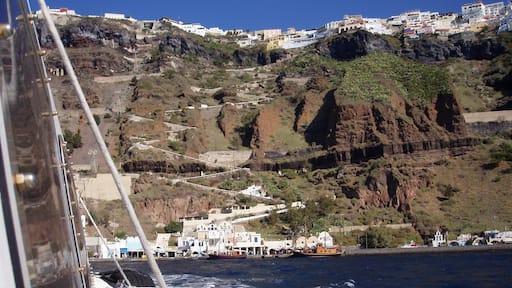 Grabbed this shot taking the ferry from the port of Santorini to an Island close by. That zig zag path you see is how you in the old days got to the town of Fira, They now have a cable car. But if you care for the hike, there are 588 stairs and takes a couple hours! Great view, love this place! just watch out for the donkey doo... you'll see. Enjoy