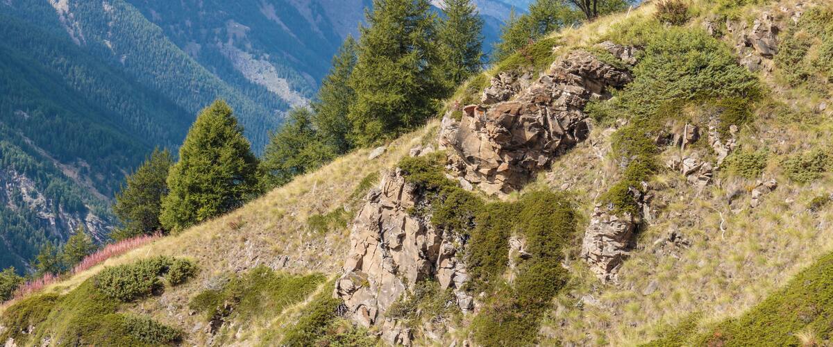 Mountain hike of Gimillan (1805m.) At Colle Tsa Sètse Cogne Valley (Italy). View of rock formation and valley.