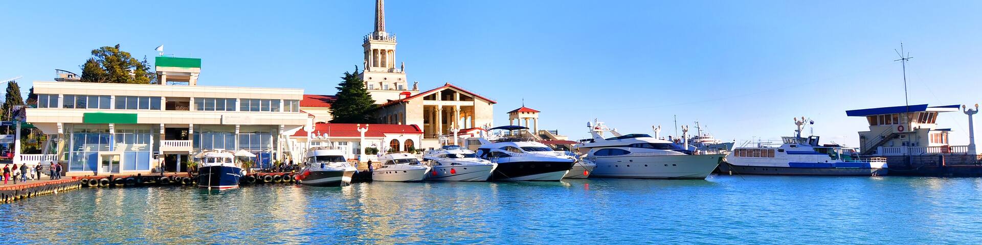 Sochi sea port, yachts in a harbor at sunny day