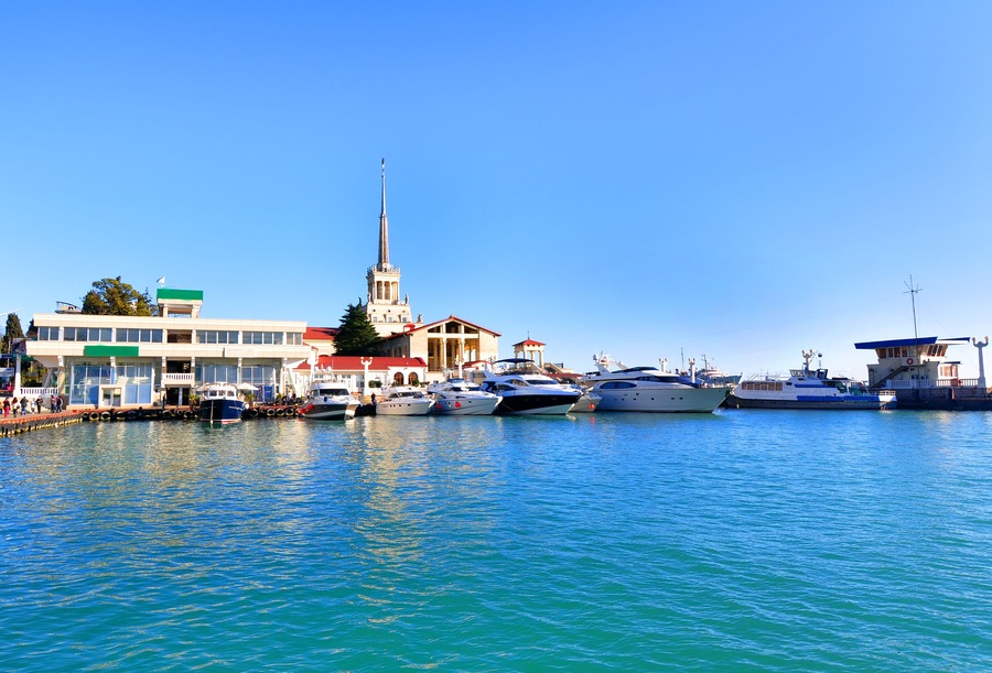 Sochi sea port, yachts in a harbor at sunny day