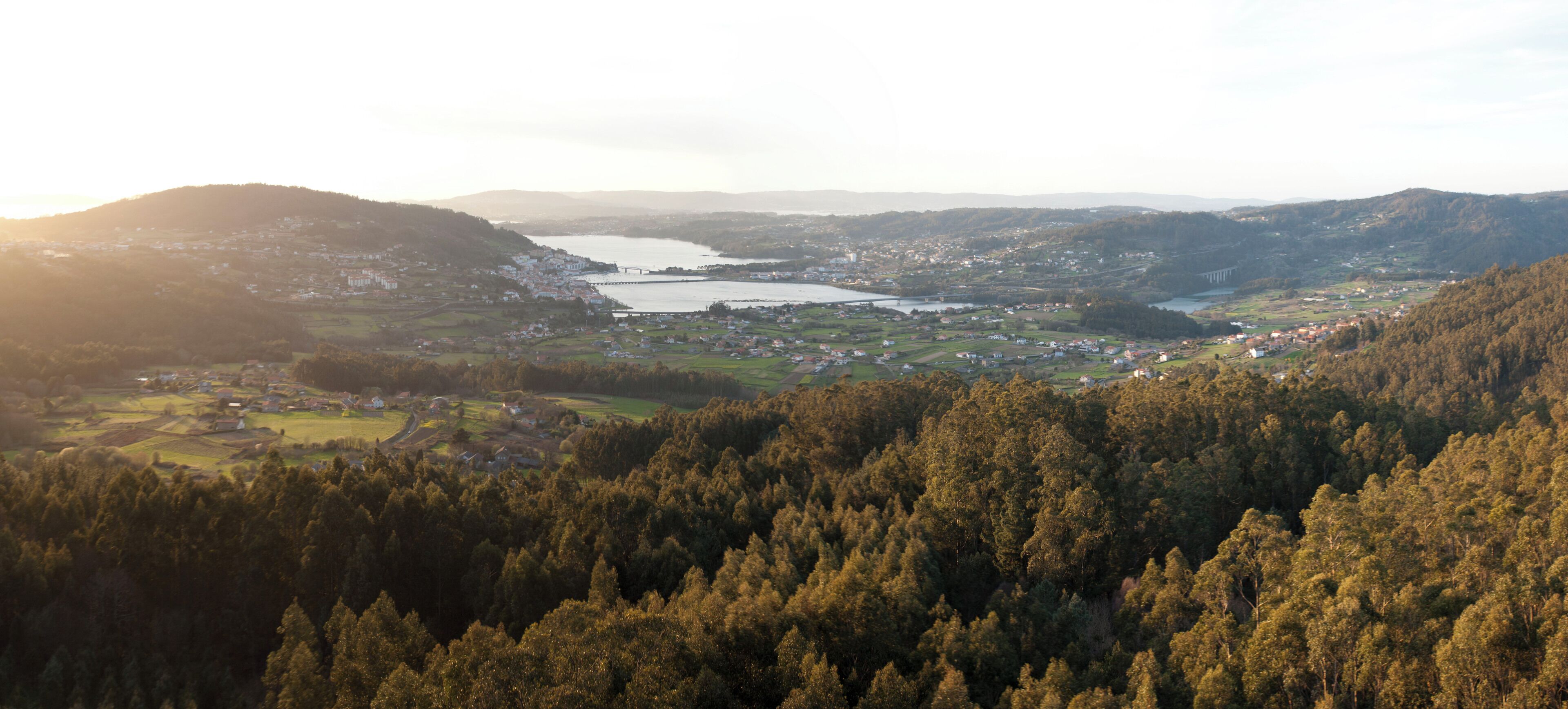 A valley with a river, a bridge, and a town surrounded by forested hills.