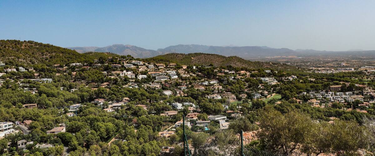 A residential area with houses and greenery on a hillside.