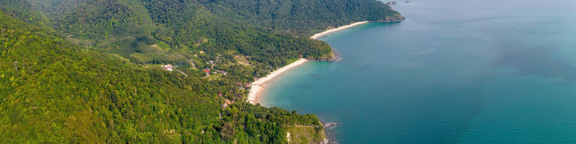 Panoramic aerial view of south-western part of Ko Lanta island on sunny day. Krabi Province, Thailand.