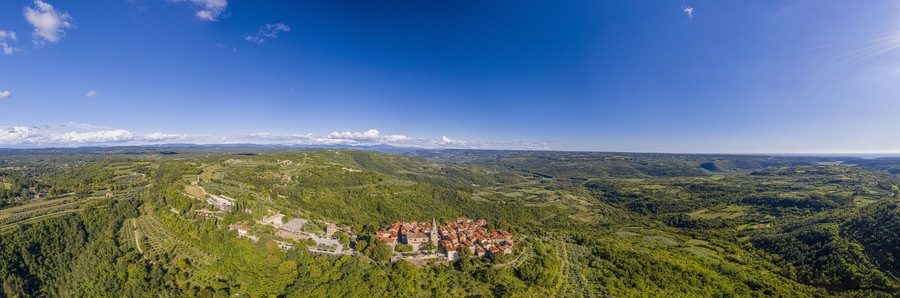 Aerial panoramic drone picture of the medieval town of Groznjan on the Istrian peninsula during daytime