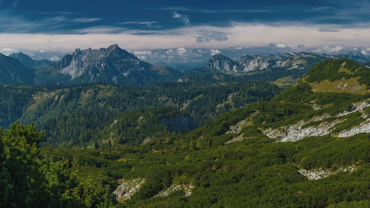 September 2016

western part of Hochschwab, Steiermark, Austria 

When descending from the main Hochschwab plateau towards Sackwiesenalm you discover this green panorama with range of Eisenerzer Griessmauer (2.034 alt. metres, on the left) and Frauenmauer (1.827 m, on the right). Also on the right there is the green meadow of Sonnschienalm (literally the meadow of sunrays) which is placed on the lower plateau of 1.500 m altitude. Plenty of scrub pines everywhere. In September you can count on quite stable weather and less tourists, party due to the end of season and partly due to the relative remoteness of the area (no lifts and only few small villages). Anyway a place to recommend. 