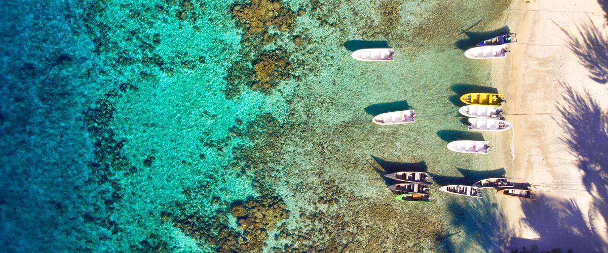 Aerial view of boats on a beach, Sangihe Island, North Sulawesi, Indonesia