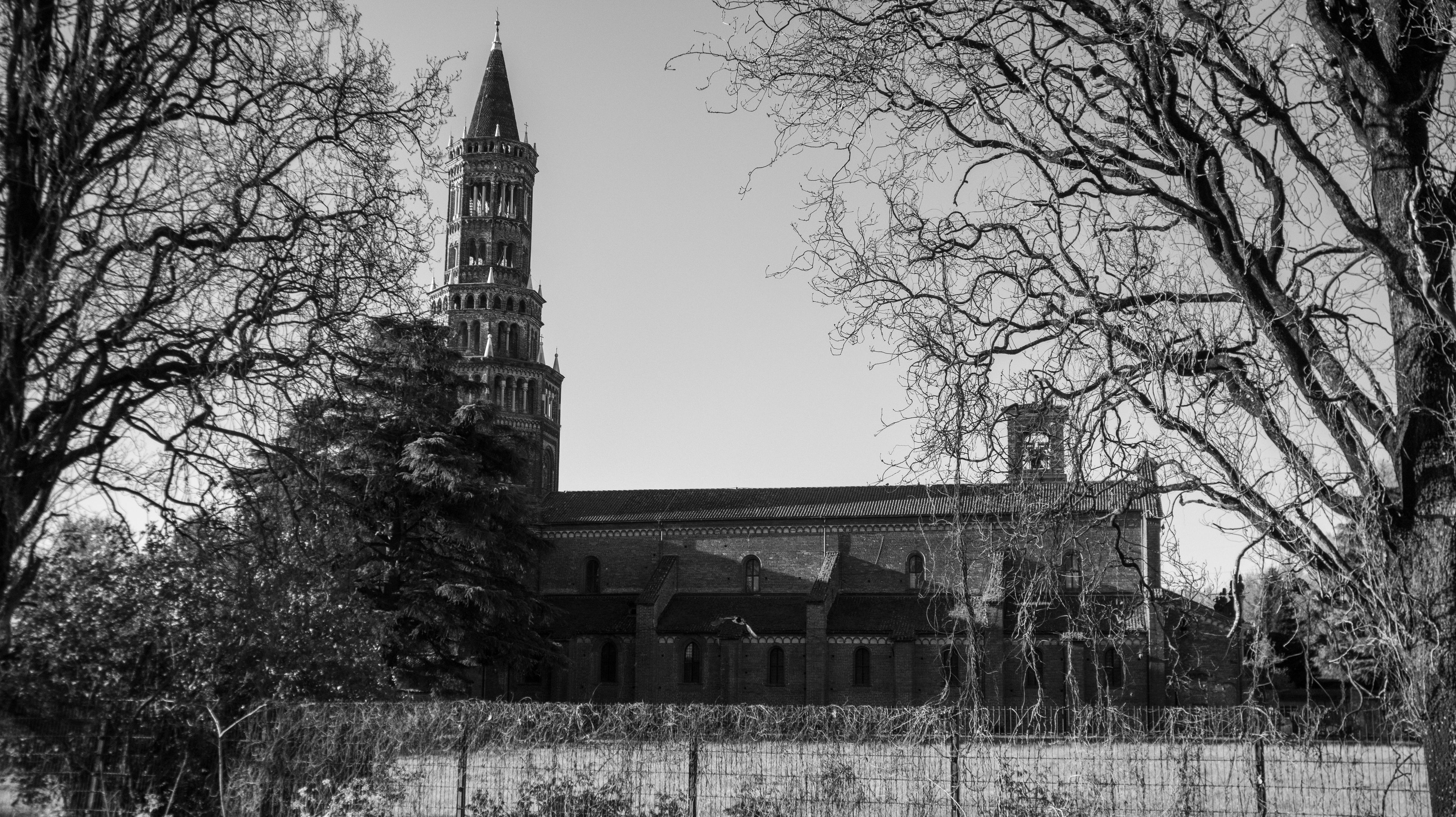 A historic church with a tall bell tower, surrounded by leafless trees and a fenced area.