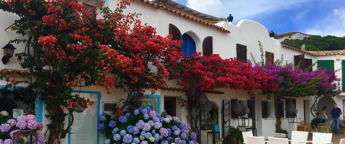 A courtyard with white wicker chairs, a white building with blue trim, and vibrant bougainvillea flowers.