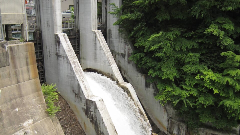 A dam with water flowing over it, surrounded by greenery and a bridge.