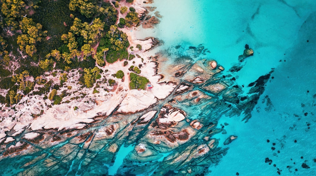 An aerial view of a coastal area with clear turquoise waters, sandy beaches, and dense green forests.