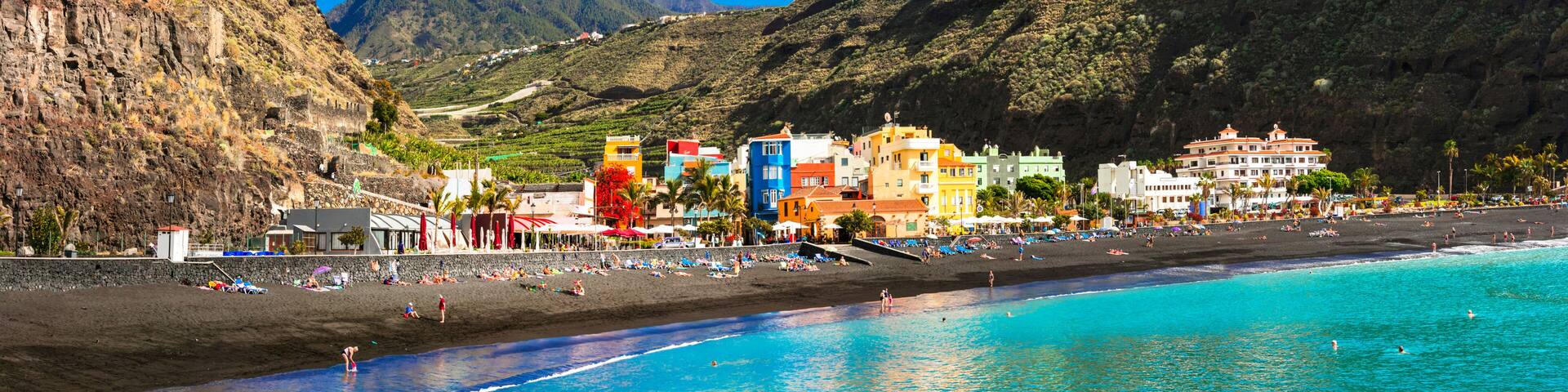 Canary islands - La Palma , Puerto de Tazacorte village with great black beach and turquoise sea