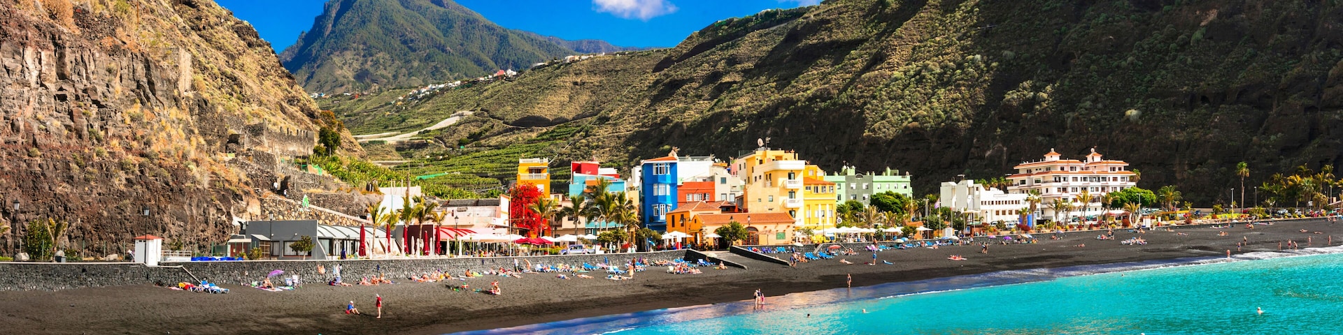 Canary islands - La Palma , Puerto de Tazacorte village with great black beach and turquoise sea