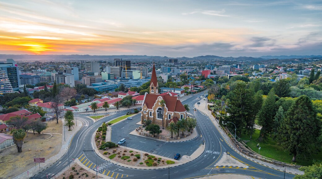 Aerial view of historical landmark Christ Church aka Christuskirche at sunset in Windhoek, the capital and largest city of Namibia.