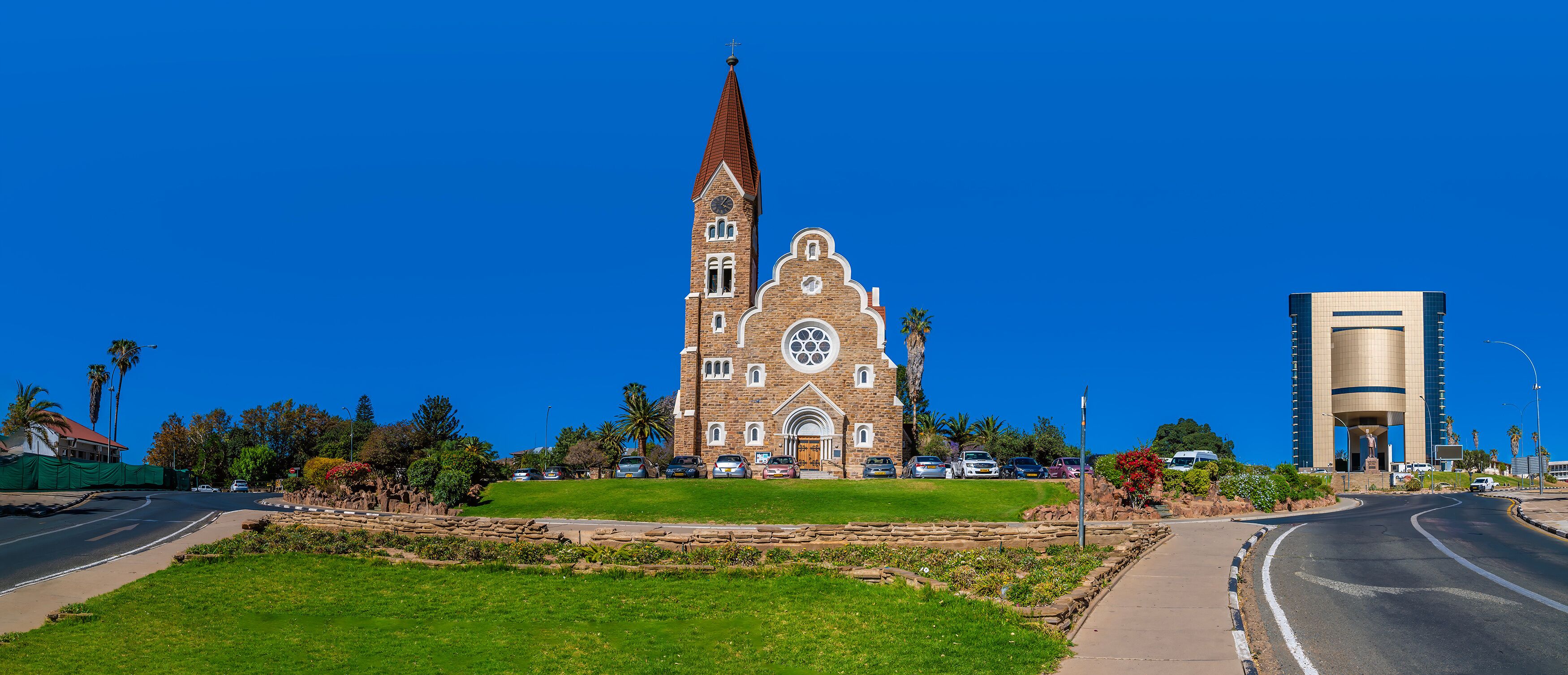A panorama view across the Christ Church and parliament district in Windhoek, Namibia in the dry season
