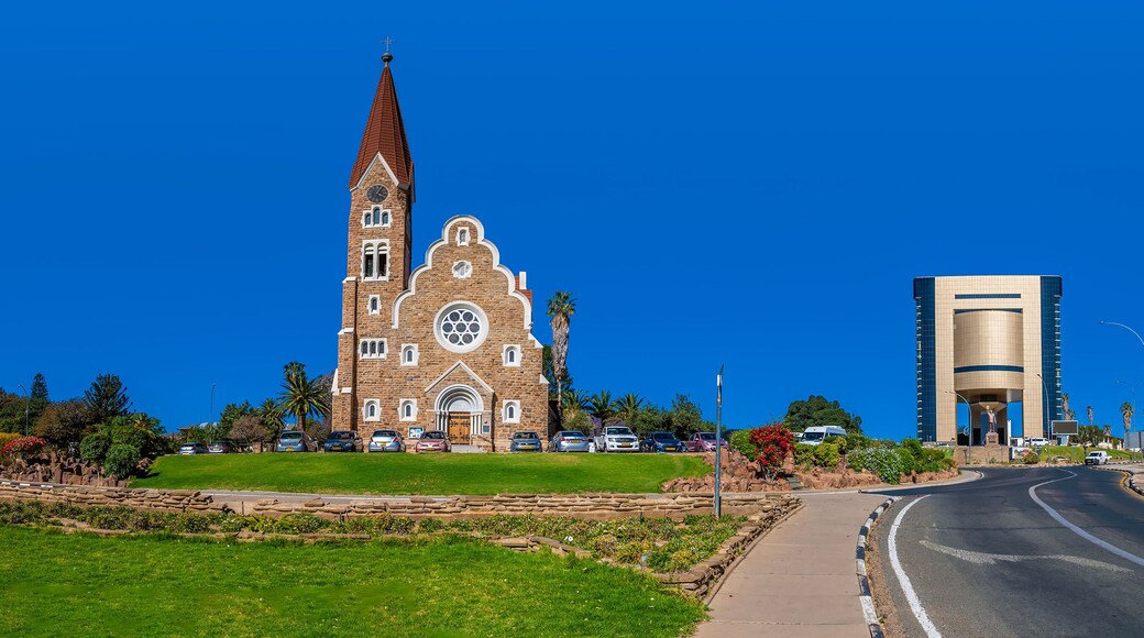 A panorama view across the Christ Church and parliament district in Windhoek, Namibia in the dry season
