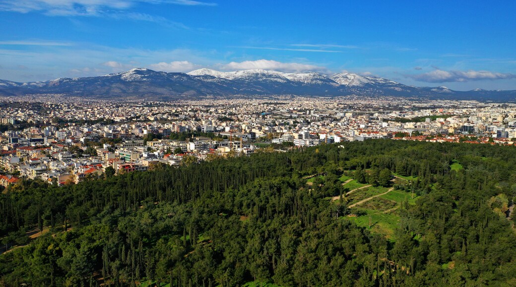 Aerial drone photo of famous park of Filadelfia or Philadelfia in a winter morning in the heart of Athens near Parnitha mountain, Attica, Greece