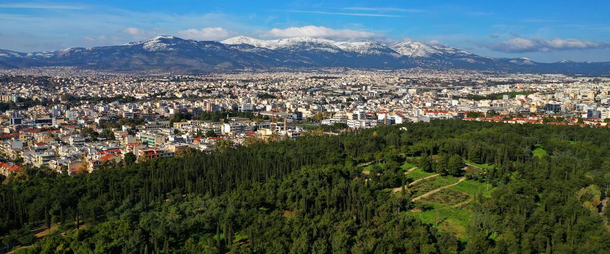 Aerial drone photo of famous park of Filadelfia or Philadelfia in a winter morning in the heart of Athens near Parnitha mountain, Attica, Greece