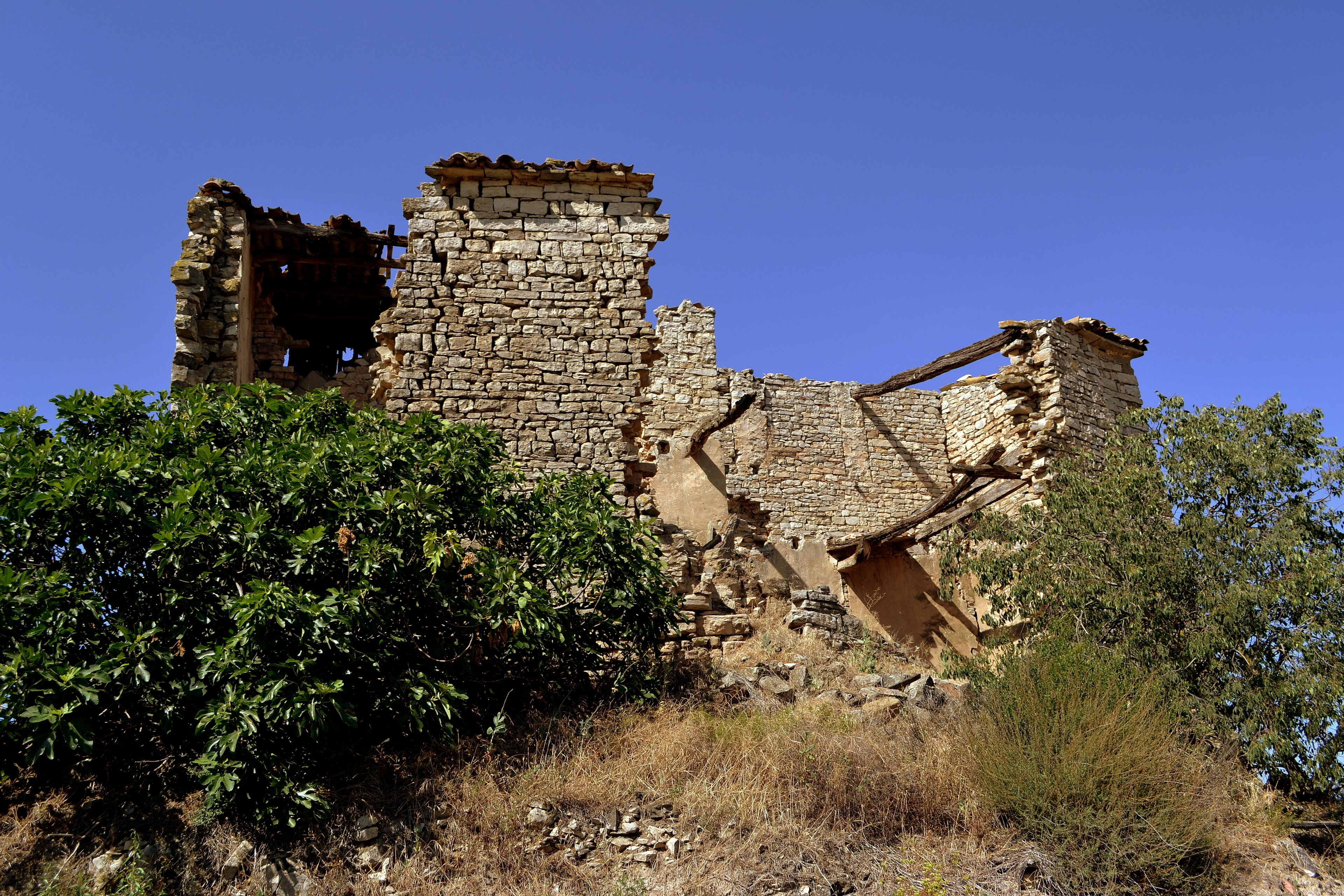 A stone ruin with overgrown vegetation.