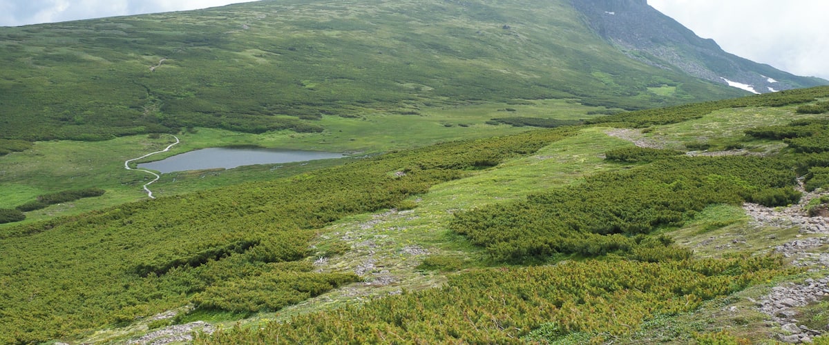 A green mountain with a lake and a winding path.