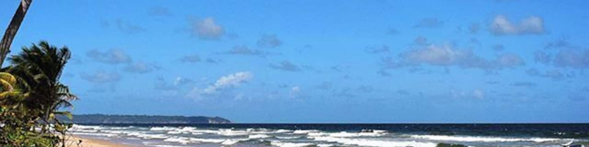This is the longest beach in Trinidad - - uncrowded, gorgeous, non-touristy.  And it's a great place to go for a "lime".  It means getting together with your friends and it's a way of life in Trinidad.  #blue 
See  "Lessons in Liming on the Coconut Road in Trinidad"  at:  http://www.travelblissnow.com/lime-coconut-road-trinidad/