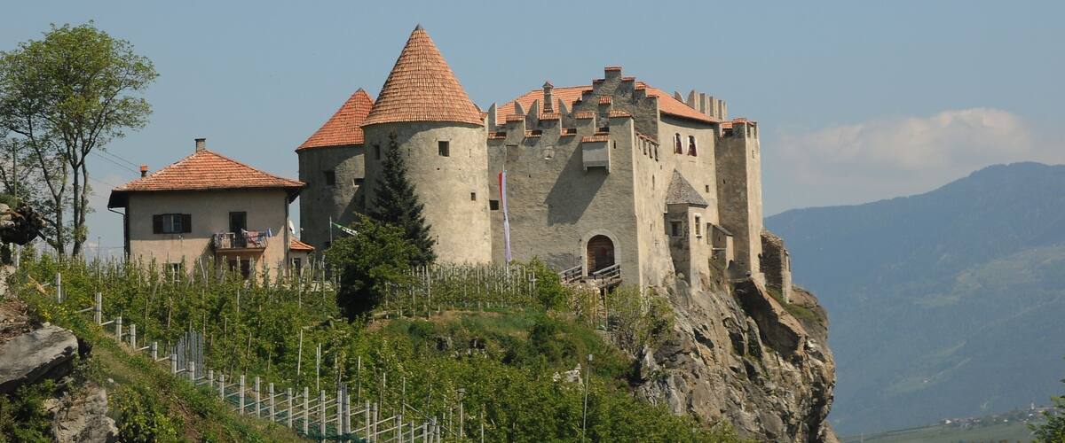 A castle on a hill with a red roof, surrounded by greenery and mountains in the background.
