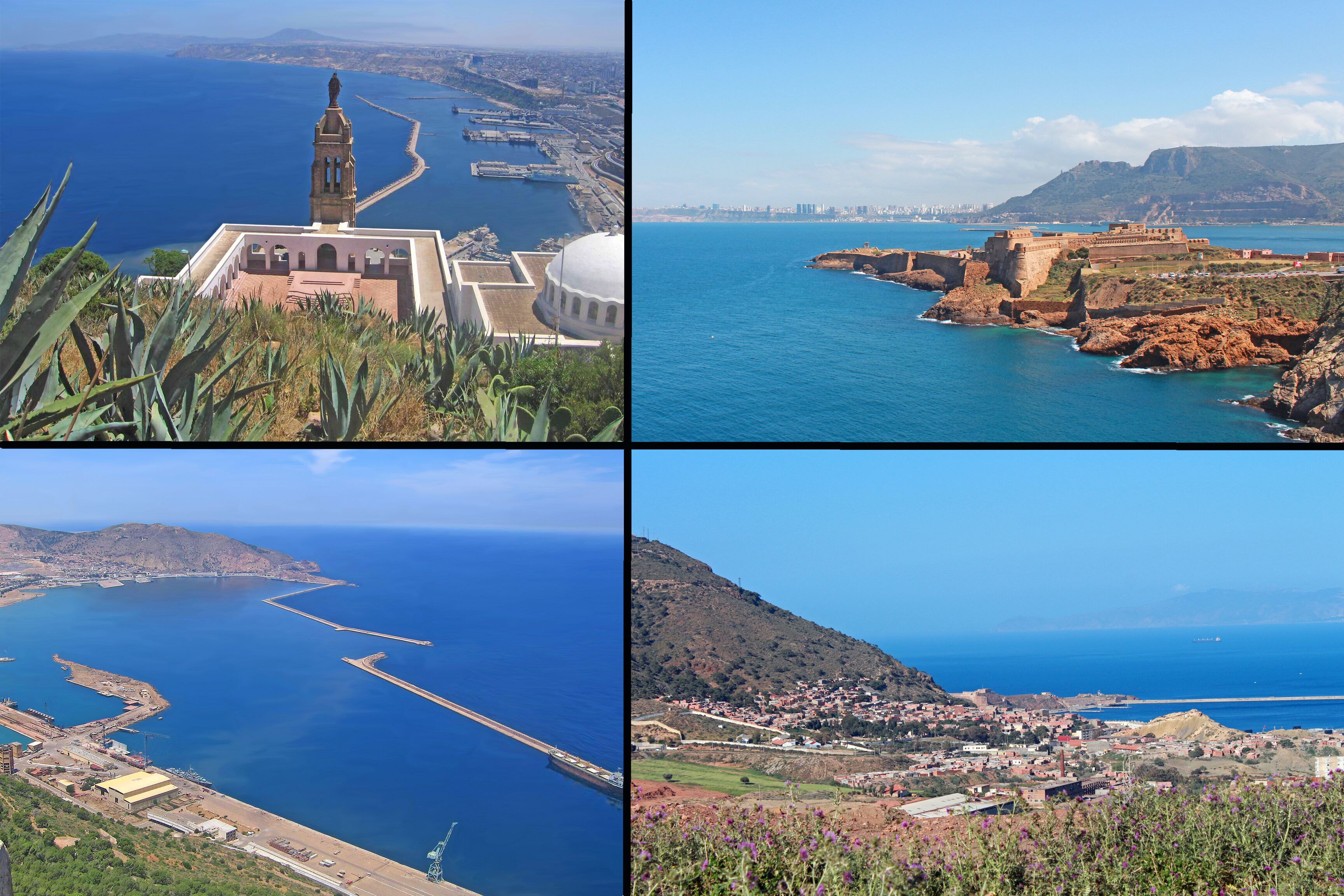 A coastal landscape with a prominent tower, a fortified structure, a large body of water with a breakwater, and a town nestled in a valley.