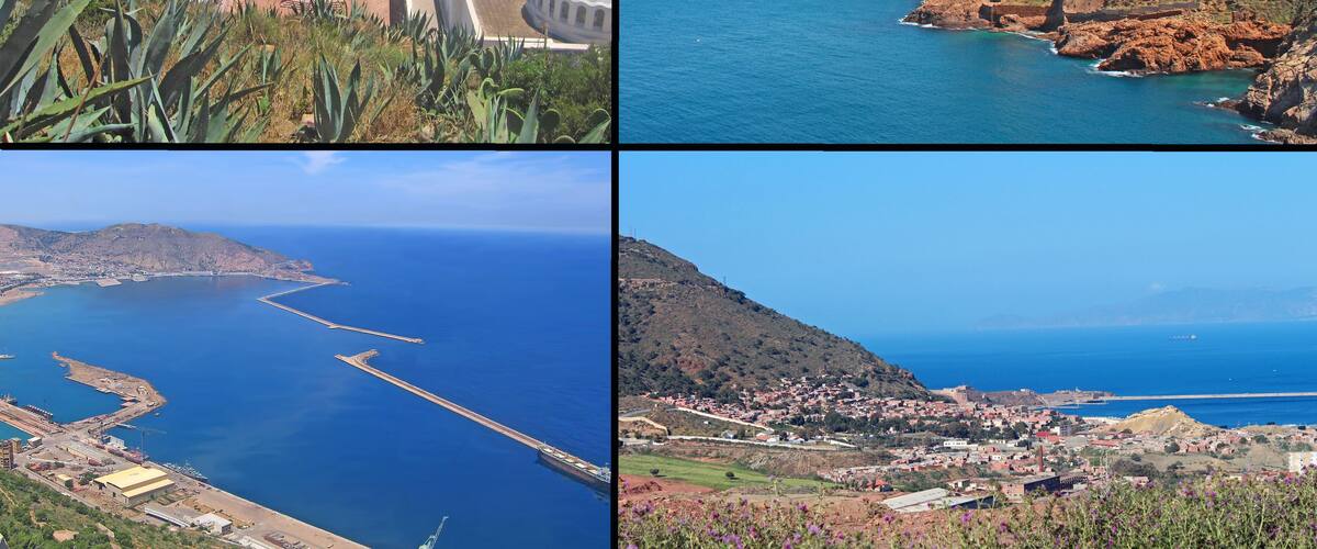 A coastal landscape with a prominent tower, a fortified structure, a large body of water with a breakwater, and a town nestled in a valley.