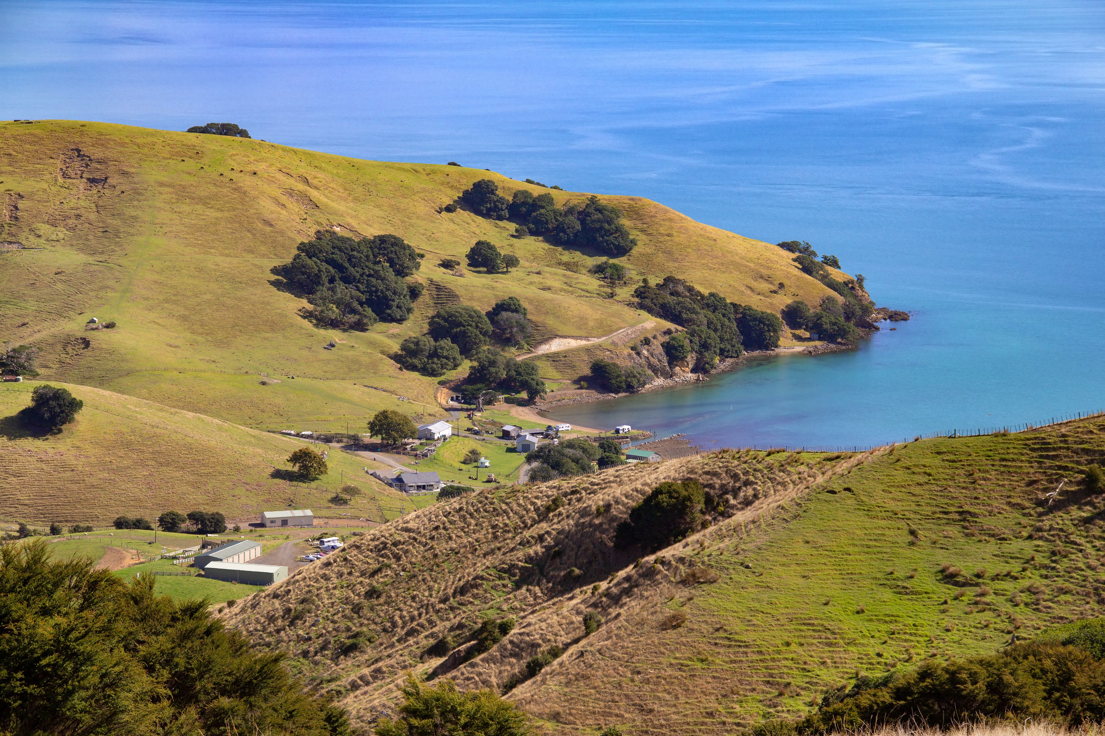 Coromandel Peninsula, New Zealand. Scenic view of Kereta locality and Kirita Bay, taken from Manaia Rd saddle on scenic State Highway 25 between Thames and Coromandel Town.