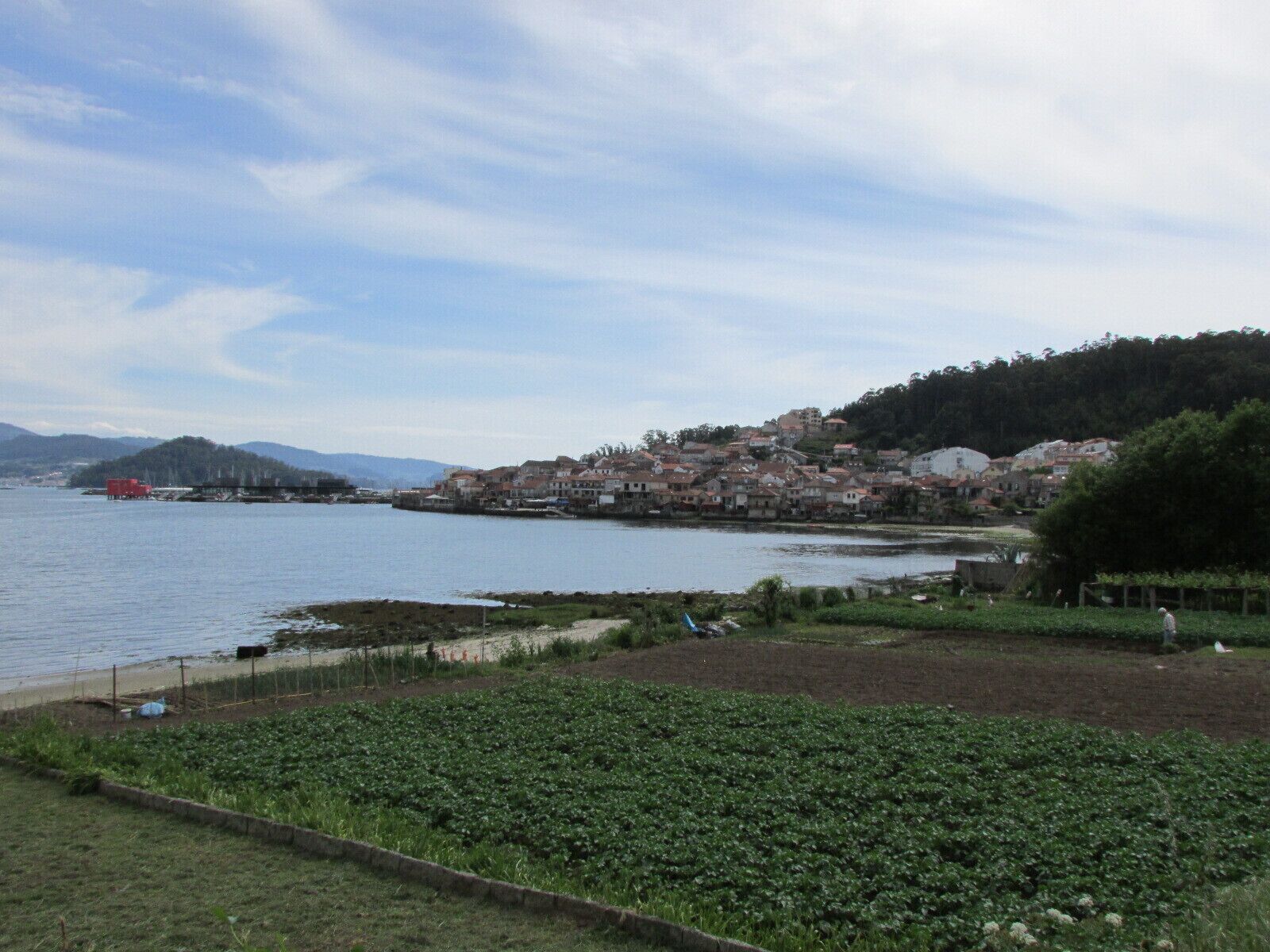 A coastal town with a river, a red boat, and a hillside with buildings.