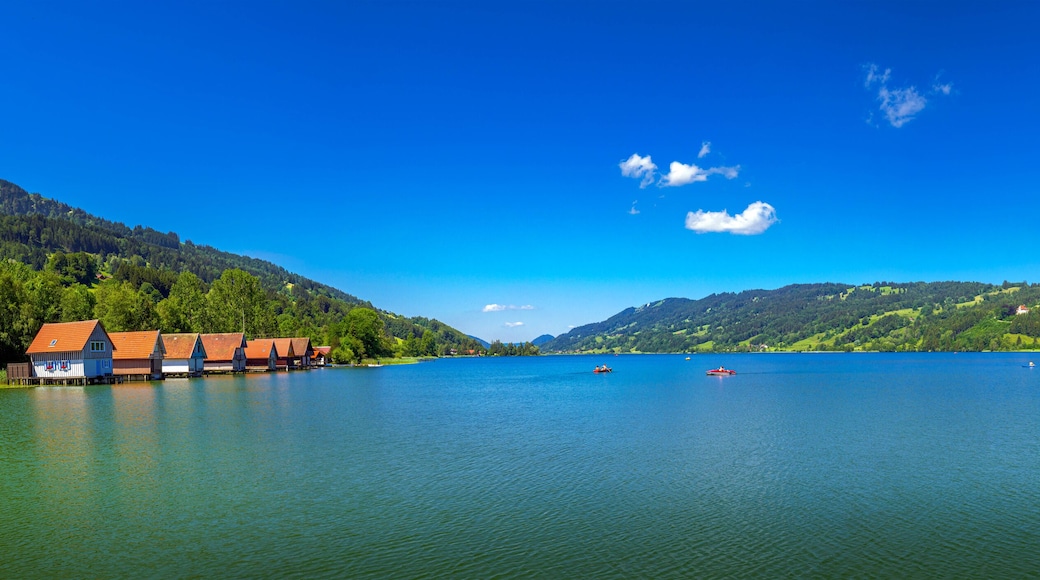 Bootshäuser in Bühl, Großer Alpsee, bei Immenstadt, Oberallgäu, Allgäu, Schwaben, Bayern, Süddeutschland, Deutschland, Europa
