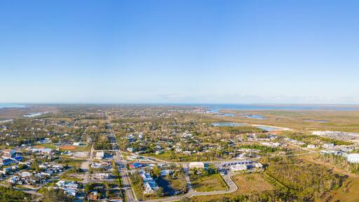 Aerial panorama Pine Island Florida after Hurricane Ian recovery monts later