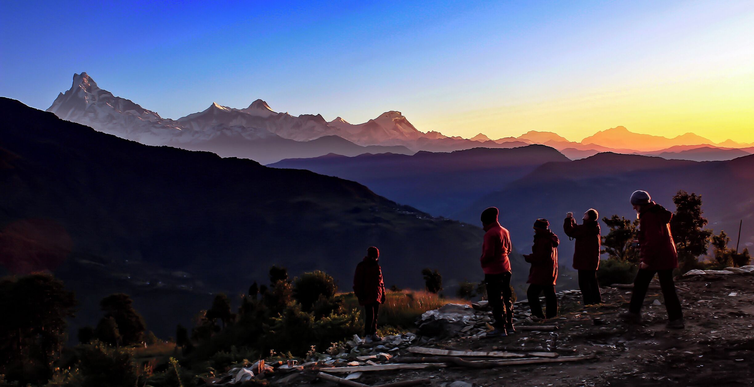 Waiting for the beautiful sunrise over the Annapurna Ranges in Himalayas